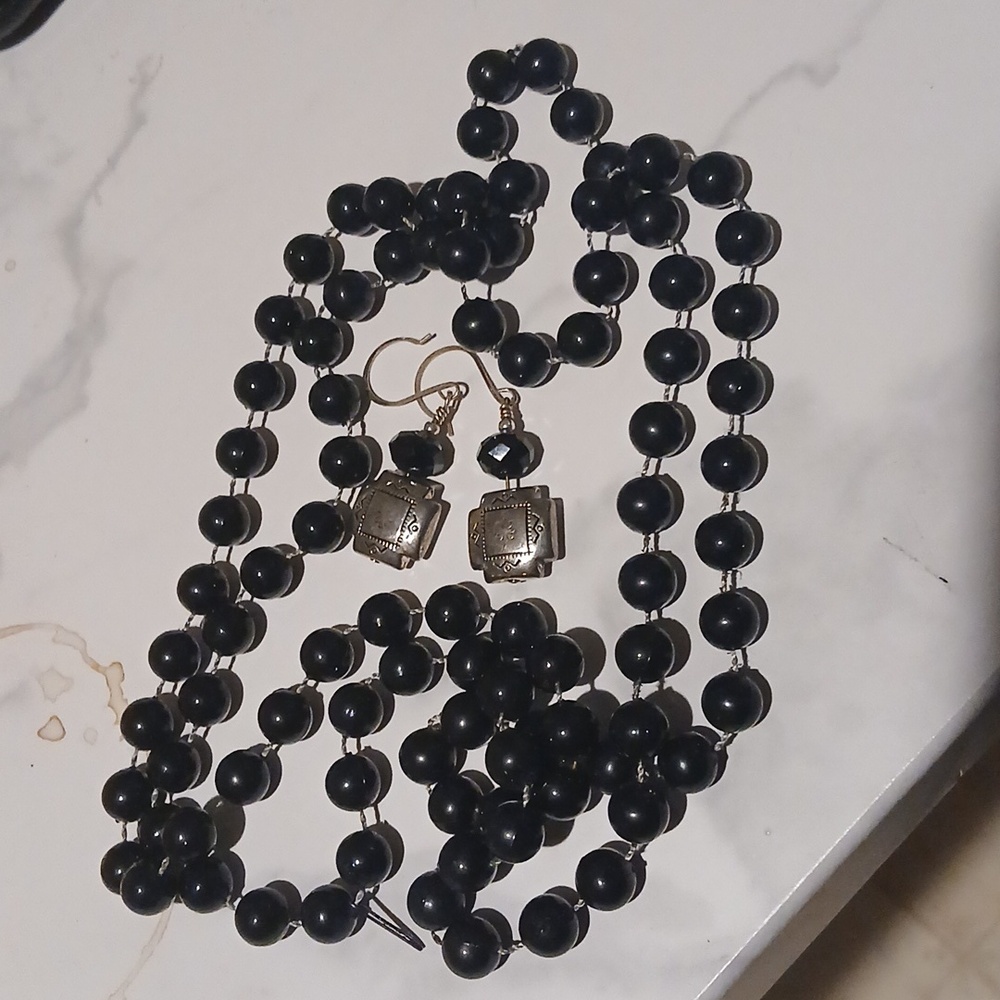 Native American Style Earrings Black Faceted Bead Concho